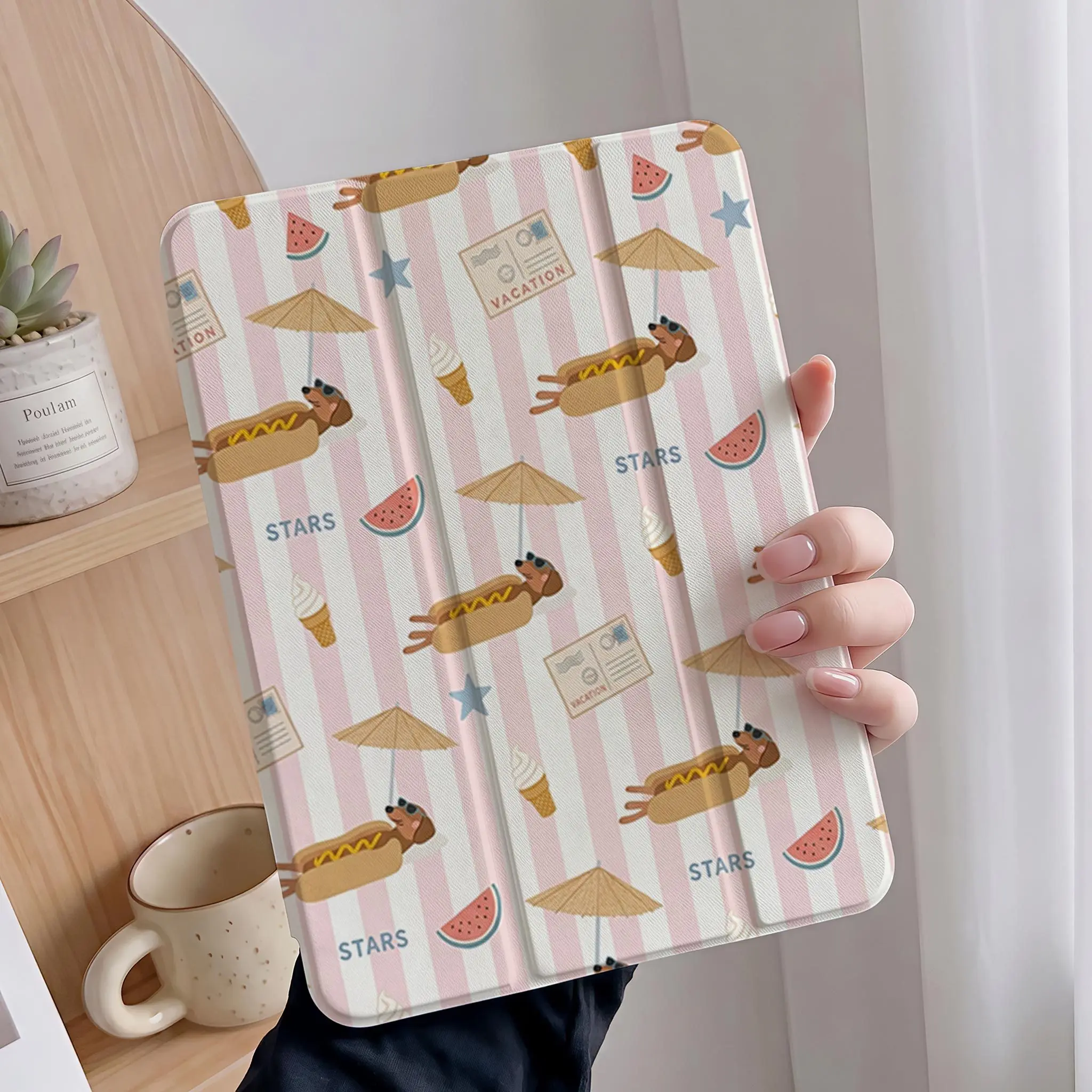 Vacation-themed Dachshund pattern protective case featuring an adjustable stand and pen slot; a foldable, non-slip TPU cover compatible with Samsung, iPad mini, iPad Air, iPad Pro, and iPad (10th/11th Gen) series.