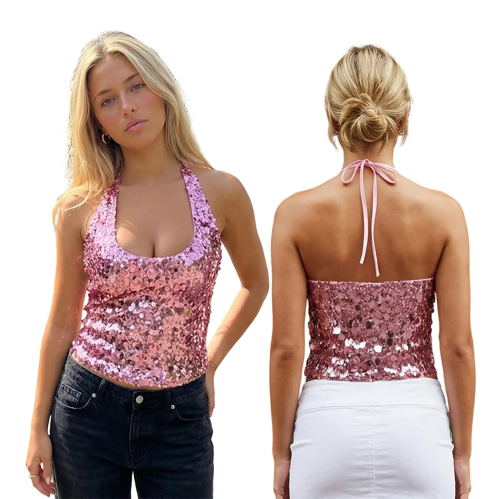 Women’s Sequin Halter Tank Tops Summer Solid ColorFit Scoop Neck Backless Vest