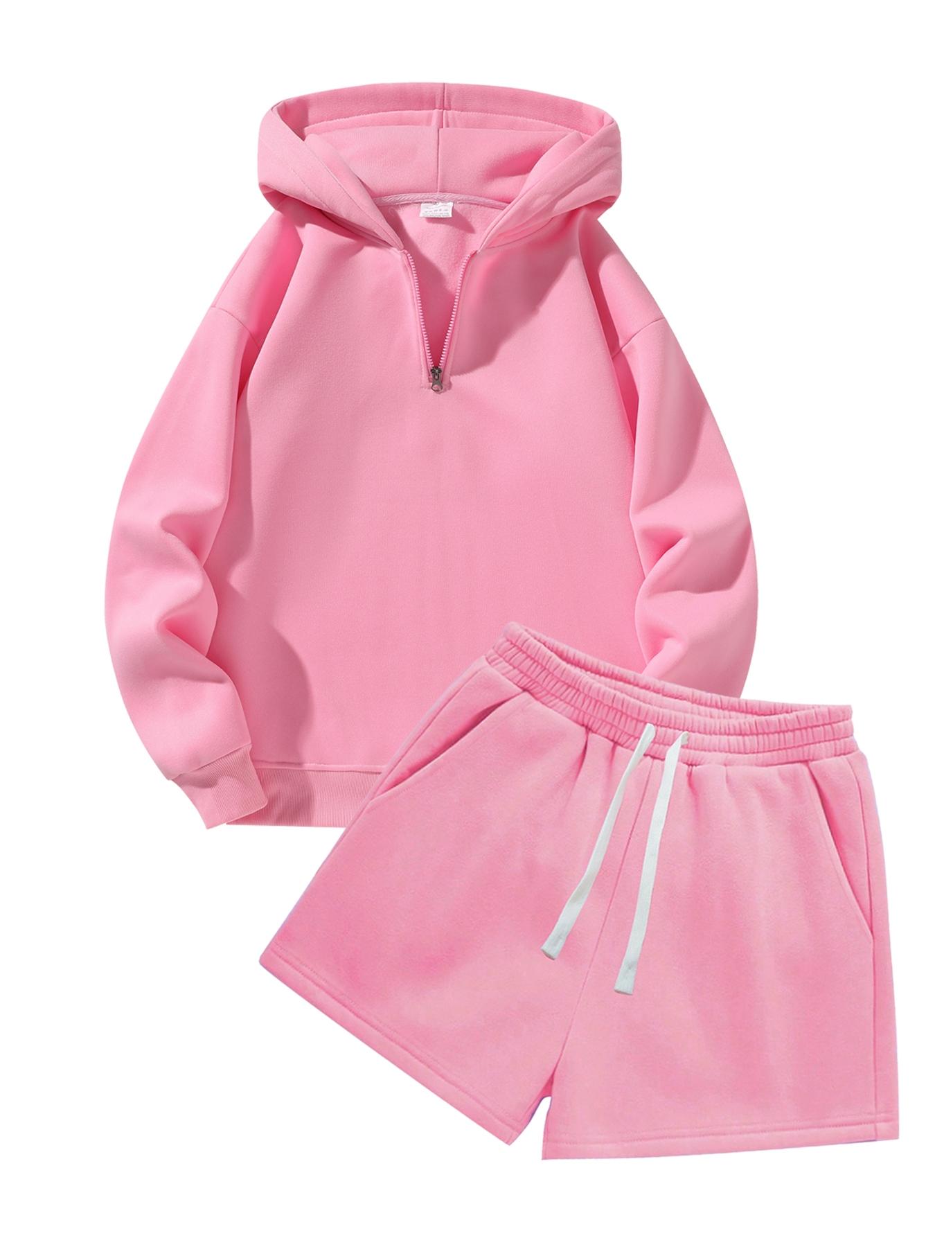 Unisex Solid Drop Shoulder Sweatshirt & Drawstring Waist Shorts Set, Casual Fashion Cozy Breathable Two-piece Outfits for Daily Outdoor Wear, Unisex Clothes for Fall,Airport Outfit