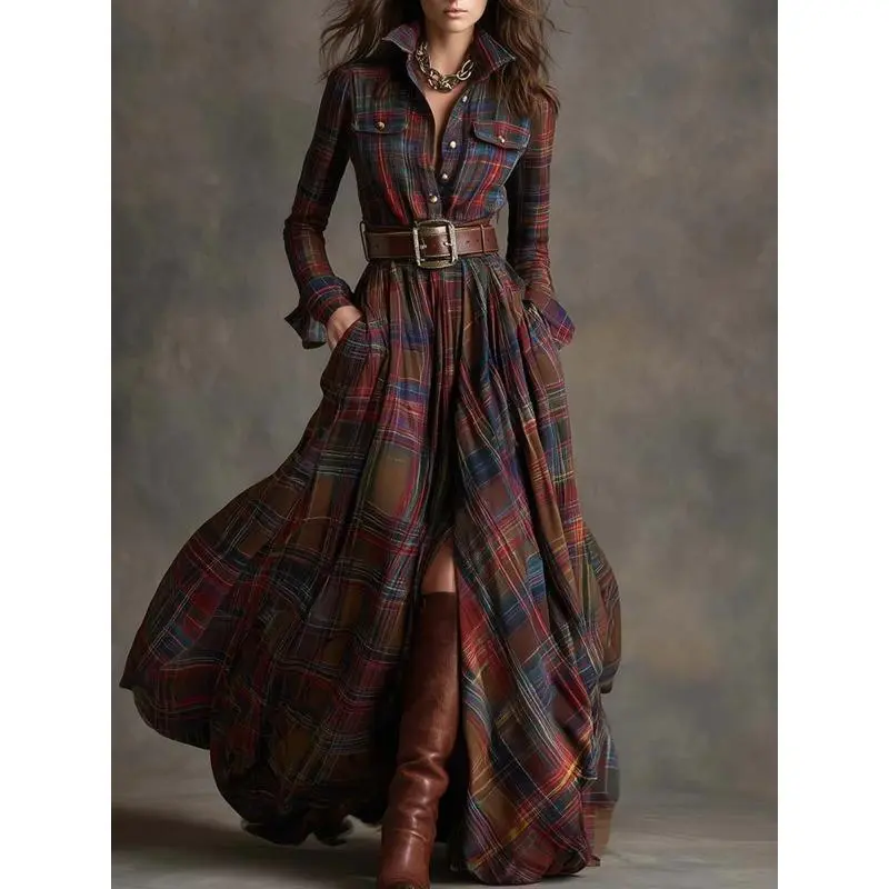 Women's Retro Collared Long Sleeve Lightweight Flowy Plaid High-Waist Evening Maxi Dress with Pockets, Ideal for Parties