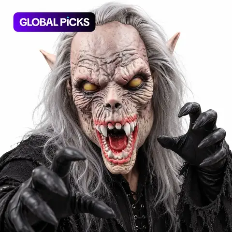 Realistic Long-Hair Demon/Vampire Hyper Realistic Mask, Creepy Open-Mouth Fanged Horror Latex Full-Face Costume Prop, Scary Spooky Mask for Halloween Cosplay Party #GLOBAL PICKS