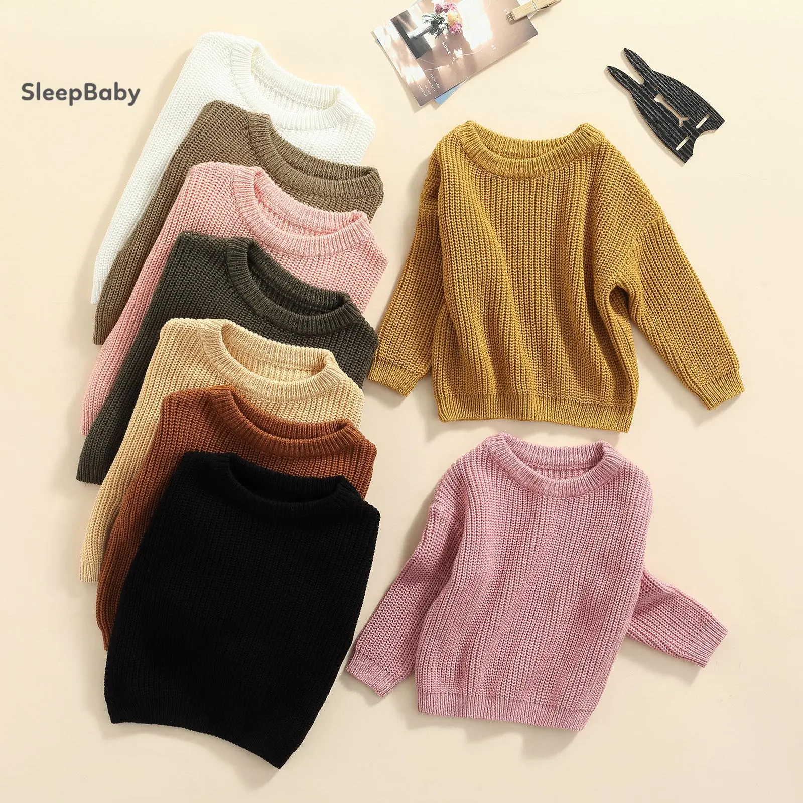 Toddler Baby Chunky Knit Crew-Neck Pullover, Solid-Color Oversized Loose Fall-Winter Basic Top for Boys & Girls, Multiple Earth-Tone Colors Available