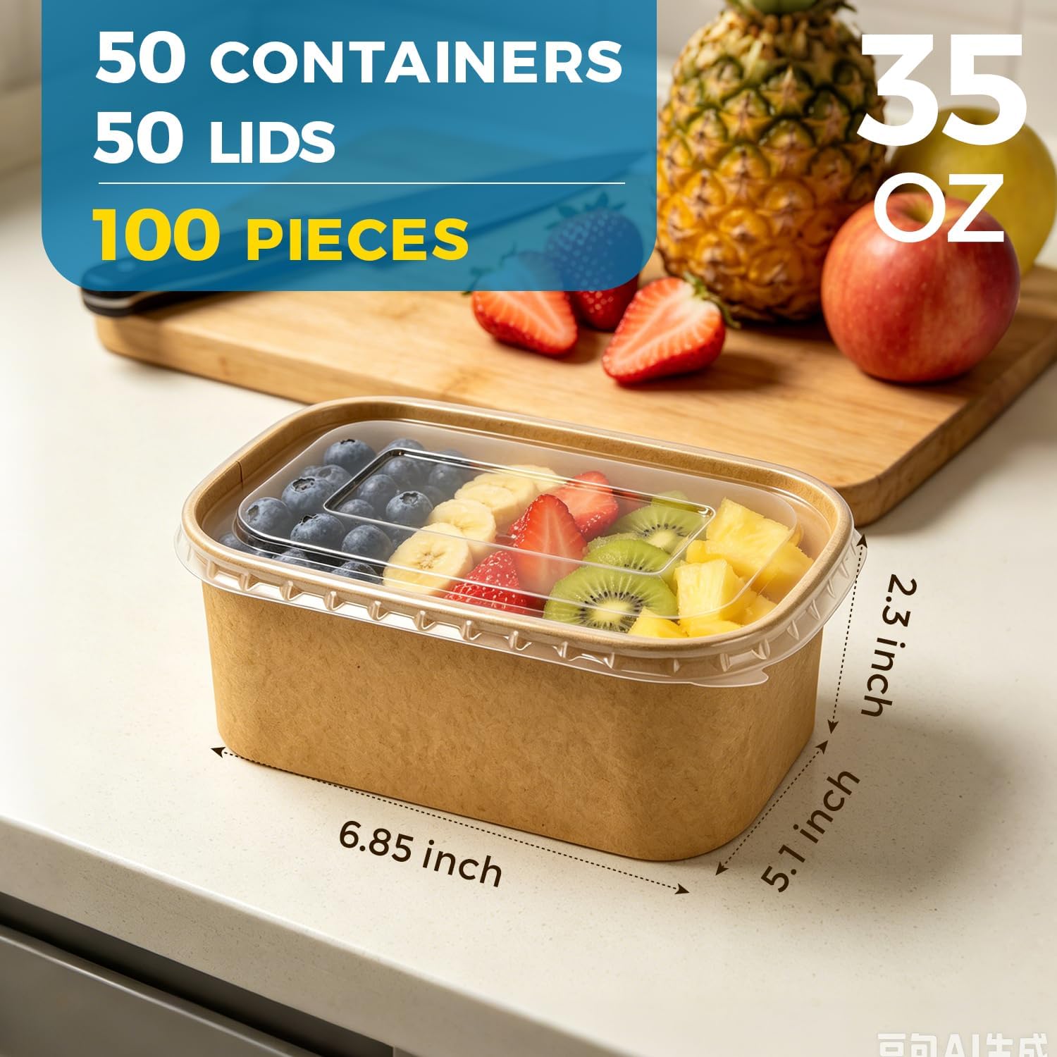 50 Pack (100-Pieces) 35 oz Meal Prep Containers with  | Disposable Paper  Storage Containers Sturdy & Reliable, Microwave & Freezer Safe, To Go Take Out Containers