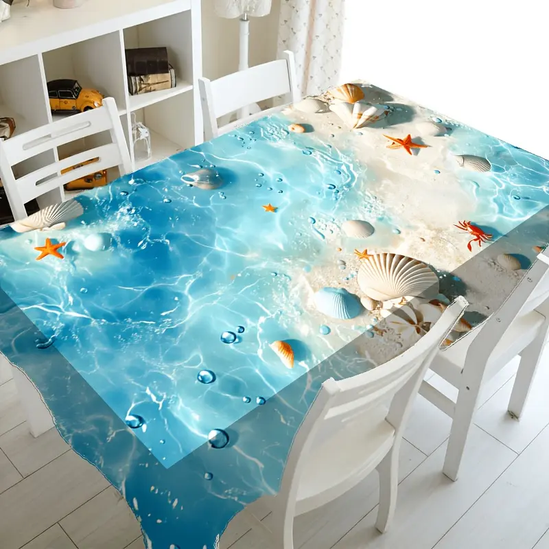 1pc ocean shell beach tablecloth, polyester printed rectangular tablecloth, suitable for home dining table decoration, parties, holiday celebrations, restaurants, gatherings, indoor or outdoor, tablecloth decoration - tc