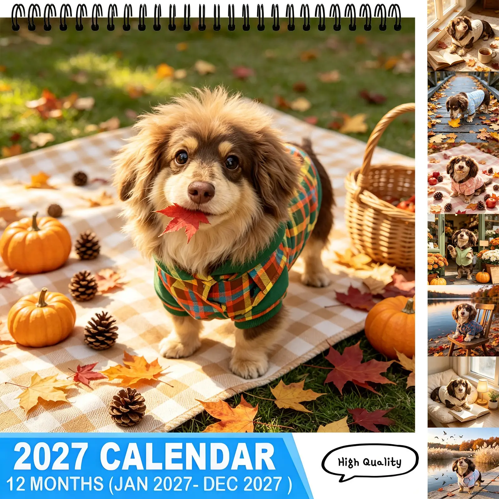 2027 Wall Calendar, Cozy Fall Autumn Dachshund Dog 12‑Month Jan‑Dec 2027 Calendar, Rustic Aesthetic Home Office Wall Decor, Cute Gift for Dachshund & Dog Lovers