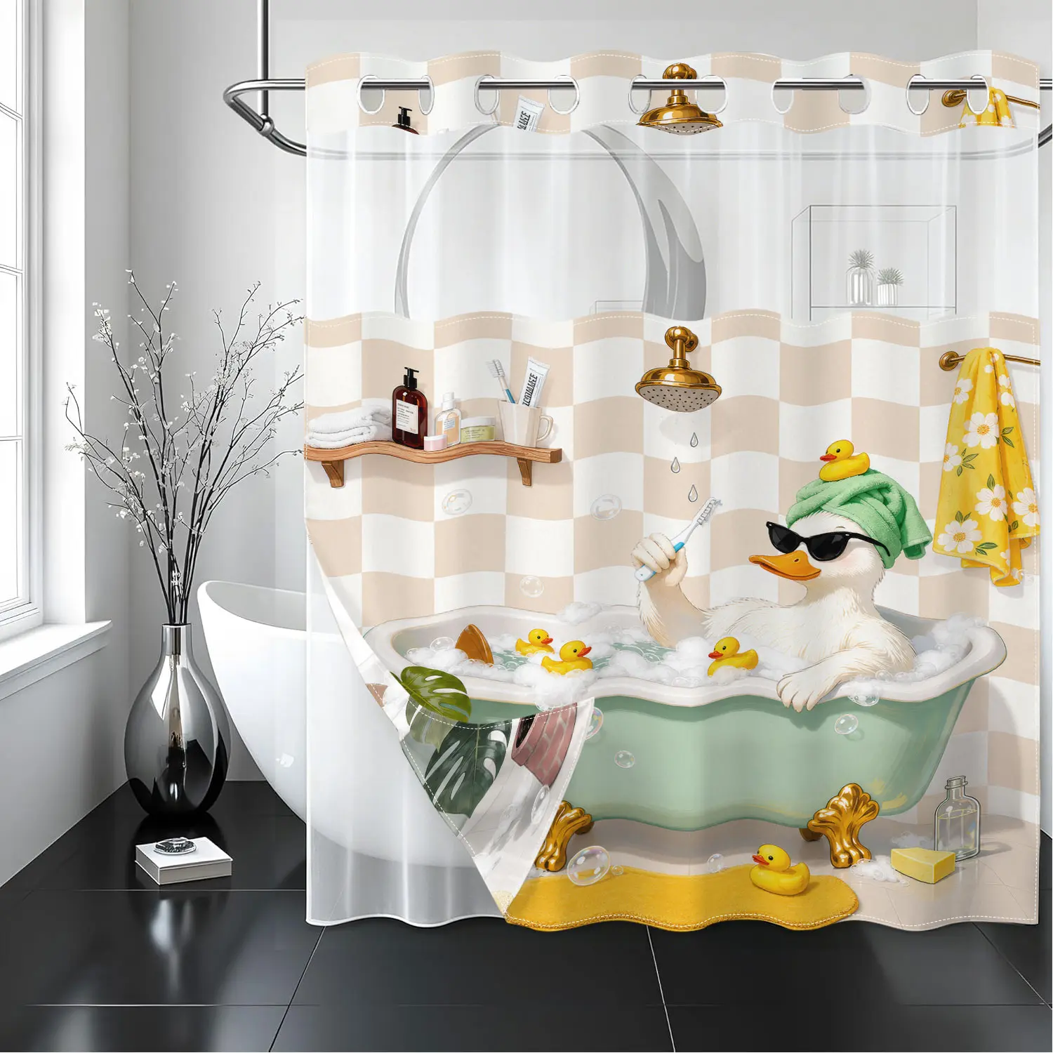Funny Duck Hookless Shower Curtain with Detachable Liner, Double Layer Waterproof Fabric Bath Curtain Set with Sheer Top Window, Snap On Washable Inner Liner for Kids Bathroom Decor, 71"x74"