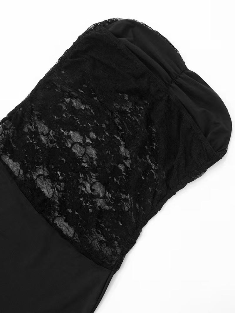 Women's Plain Contrast Lace  Tube Dress, Elegant Strapless Evening Party Gown, Ladies Summer Clothes