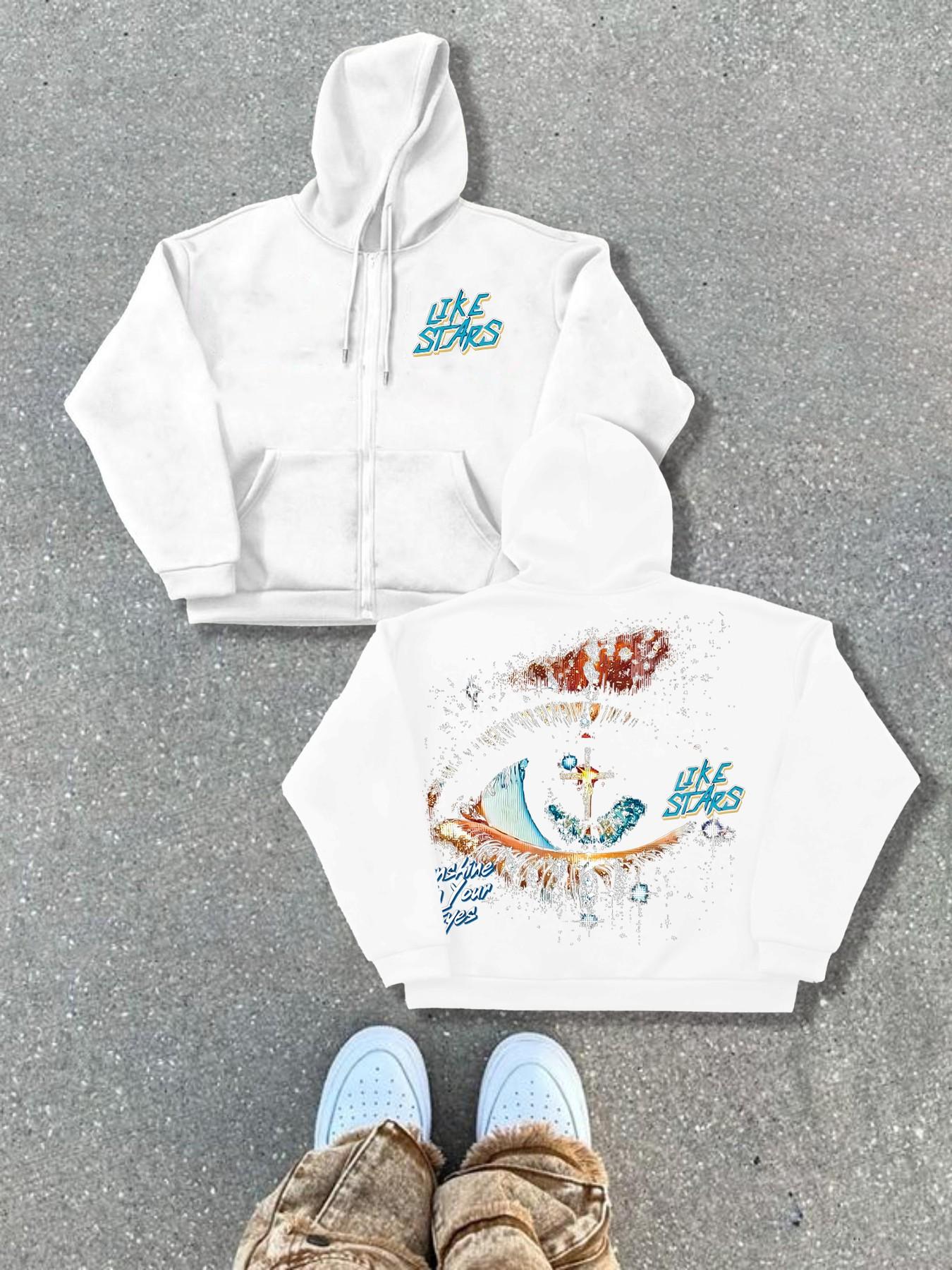 Autumn Winter Hooded Cardigan Sweatshirts Trendy Graphic Eye Letter Print Streetwear Street Style Fitted Knitwear, Thick Fabric, Perfect for Fall & Winter Seasons