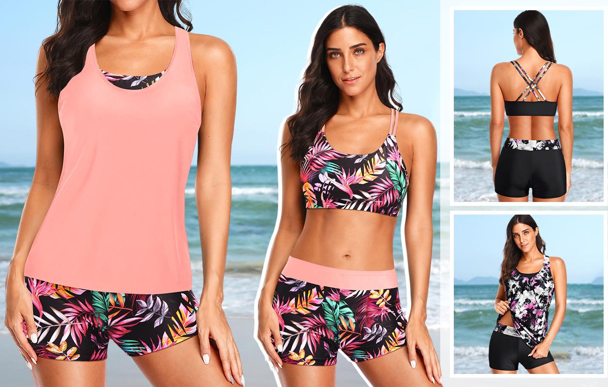 Holipick Three Piece Tankini Set Swimsuits for Women Bathing Suits Swim Tank Top with Bra Boy Shorts Teens Girls Swimwear