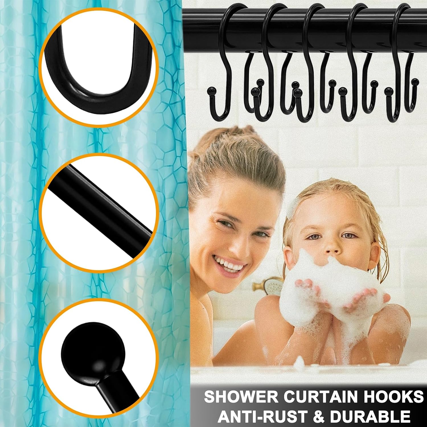 Double Shower Curtain Hooks Rings,24 Pcs Rustproof Metal Shower Hooks for Shower Curtain,Glide Smoothly Double Shower Rings for Curtain,Shower Curtain Hangers Rings for Bathroom Shower Rod(Black)