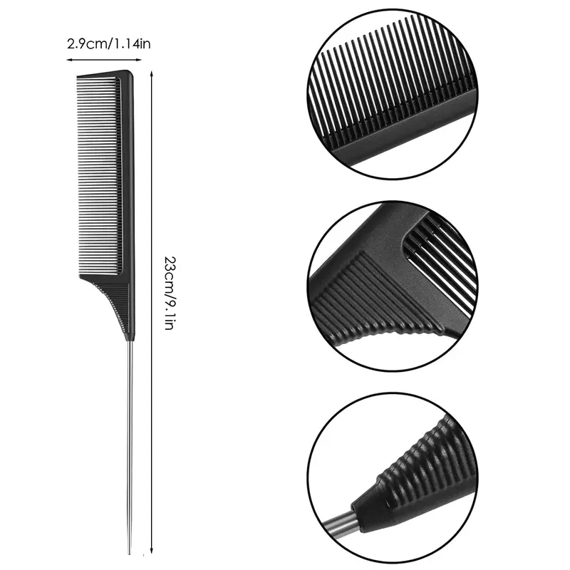 3 Packs Carbon Fiber Rat Tail Combs, Heat-Resistant Teasing & Styling Combs with Stainless Steel Pintail, Durable Hairdressing Hair Tools