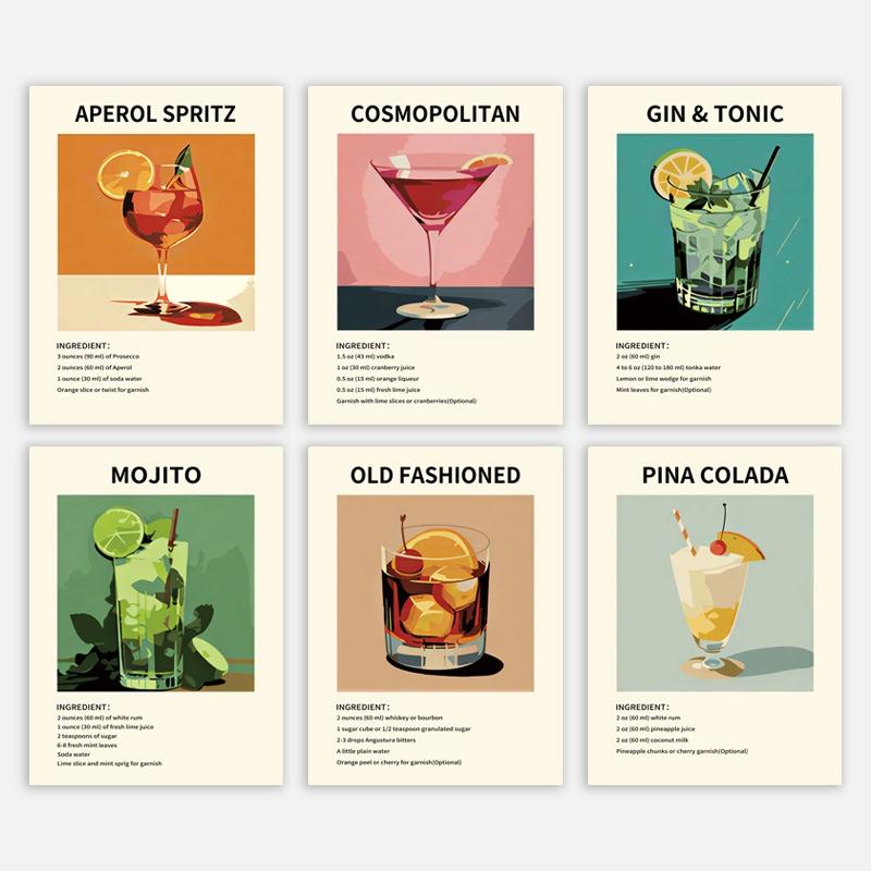Cocktail bar art kitchen poster, vintage oil painting canvas print of wine and beverages, minimalist wall decoration, atmospheric gift suitable for bars, restaurants, dining areas, and home décor, frameless.