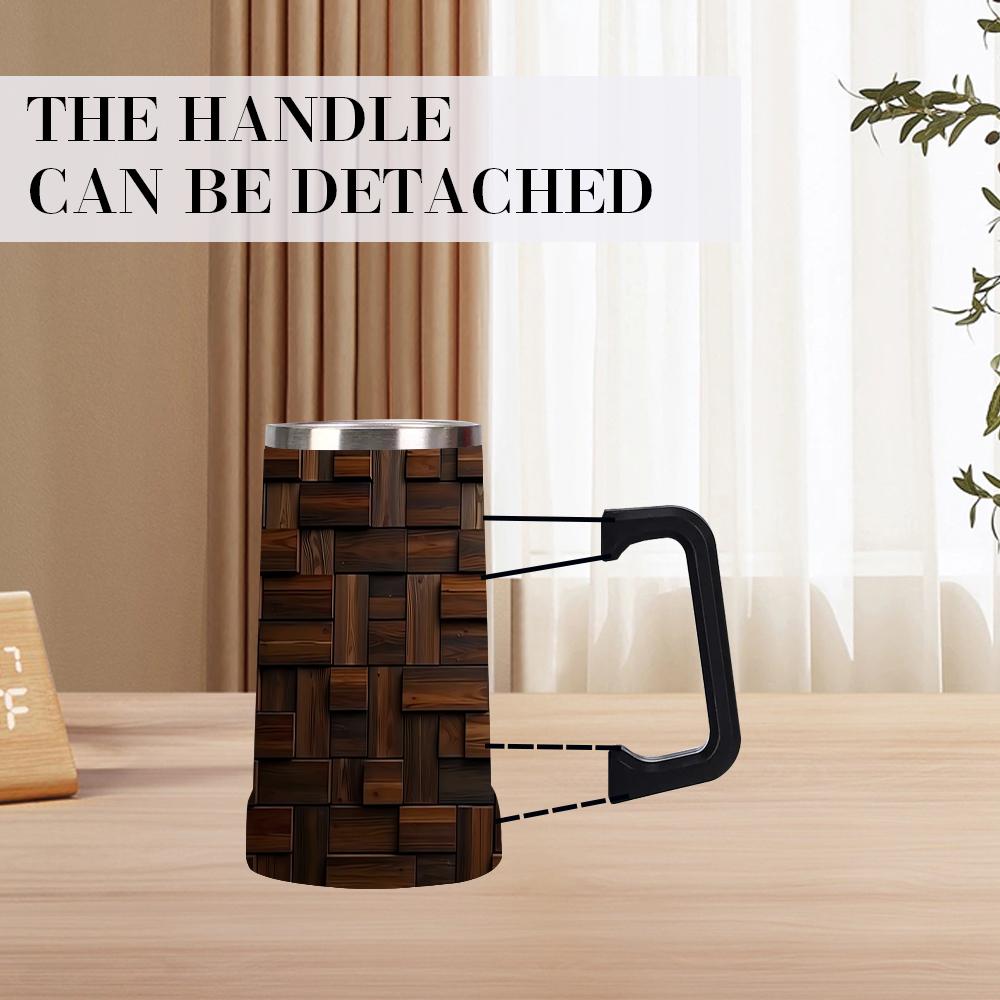 1pc 24oz Barrel Texture Stainless Steel Beer Mug With Big Handle, Vintage Rustic Wood Barrel Print Double Wall Insulated Travel Coffee Beer Cup, Leakproof Large Capacity Water Tumbler For Bar Pub Camping, Retro Western Gift For Men Beer Lovers