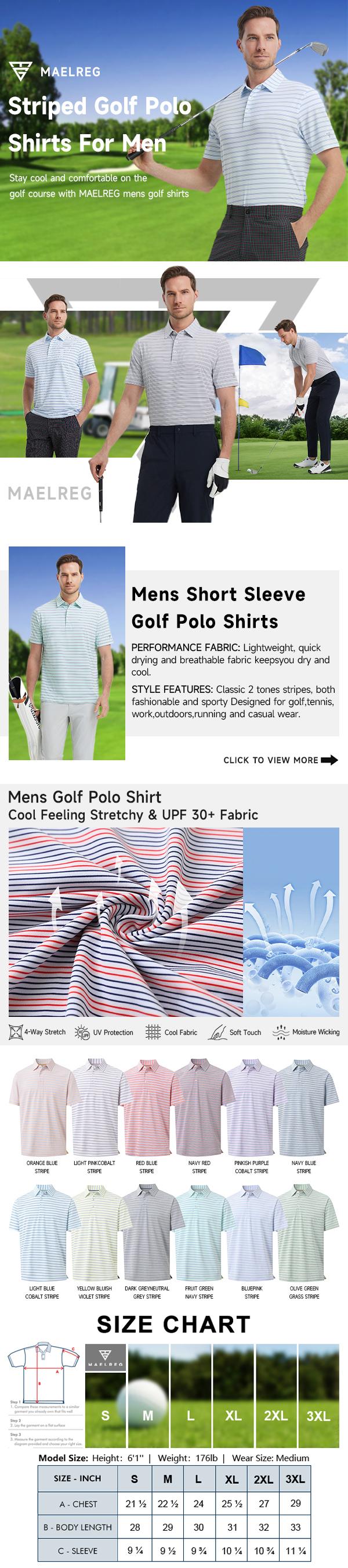 MAELREG Mens Golf Shirts Dry Fit Moisture Wicking Performance Sports Short Sleeve Striped Collared Polo Shirts for Men Fashion Menswear Casual Top