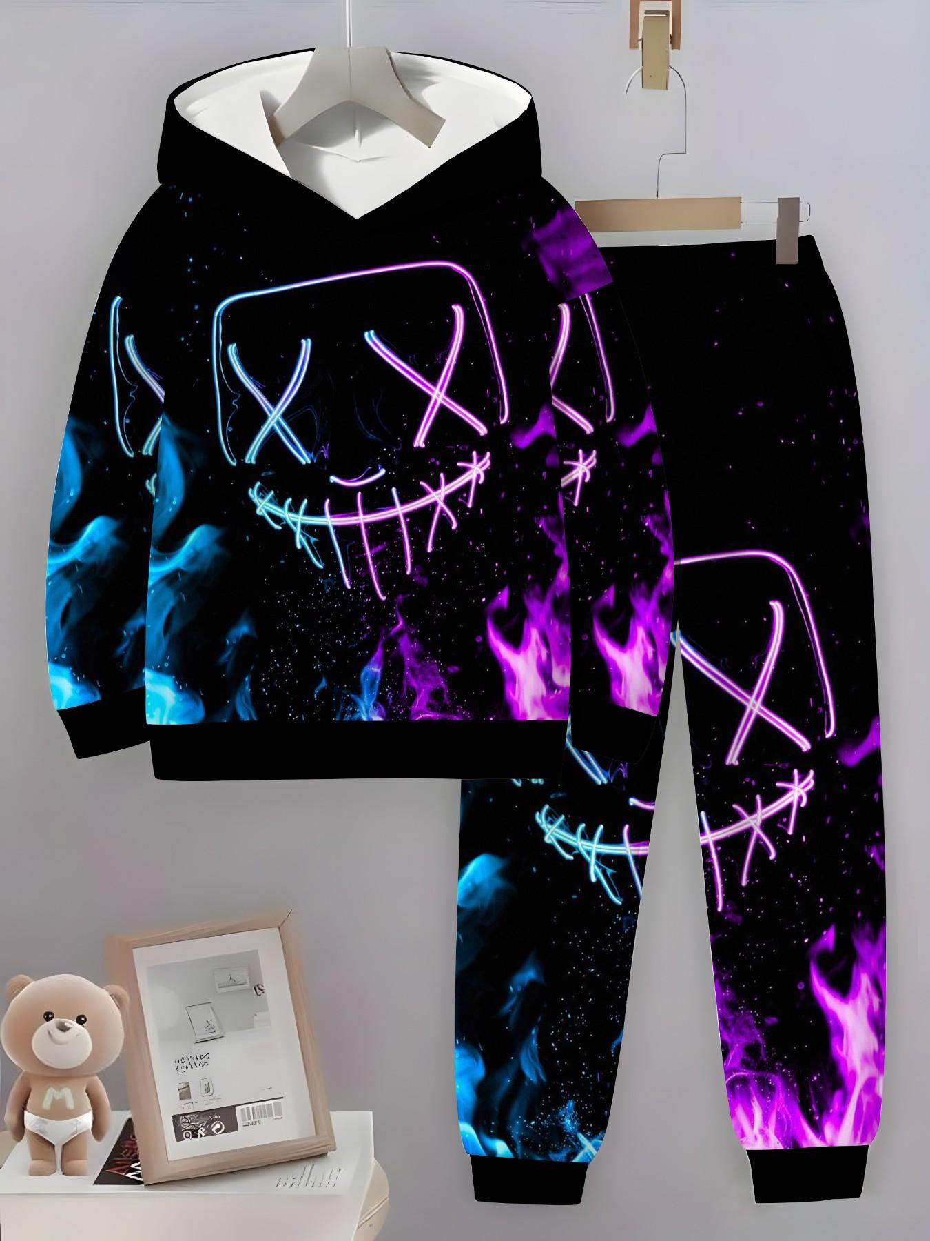 5 Pcs Boys' Gothic Neon Skull Starry Full Print Sports Set, Hooded Sweatshirt and Drawstring Pants, Casual Streetwear Outfit Sets for Kids Clothes Kids