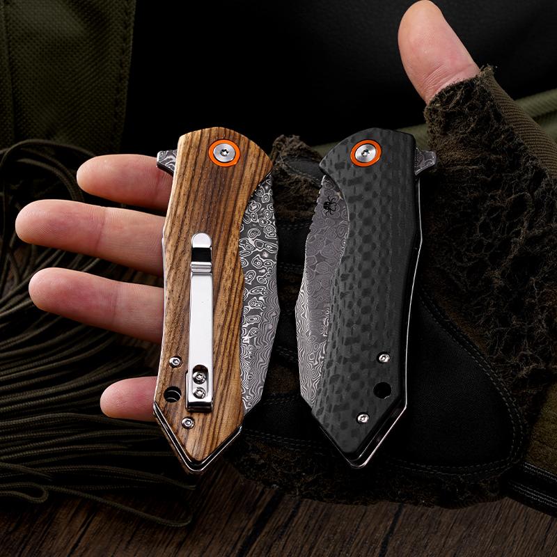 KLAKEN J338 Askael, Damascus Blade EDC Pocket Outdoor Camping Folding Knife With Zebra Wood Handle