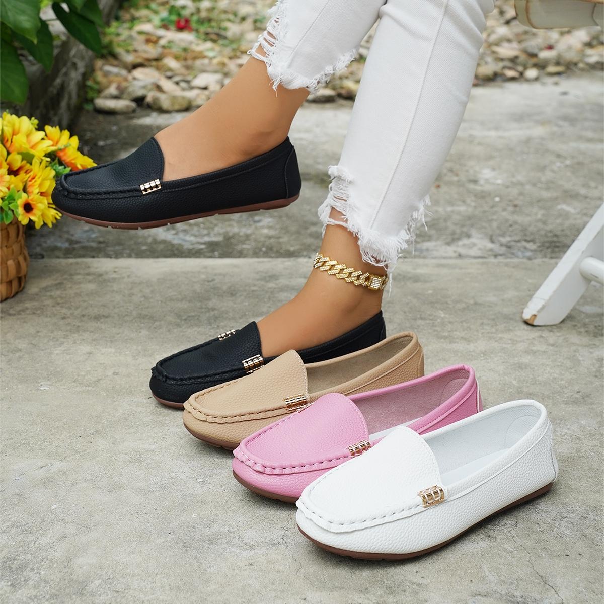 Women's Classic Plain Low Heel Shoes, Fashionable and Sexy, High-End Slant Metal Chain Decoration, Comfortable Casual Loafers, Slip On Shoes