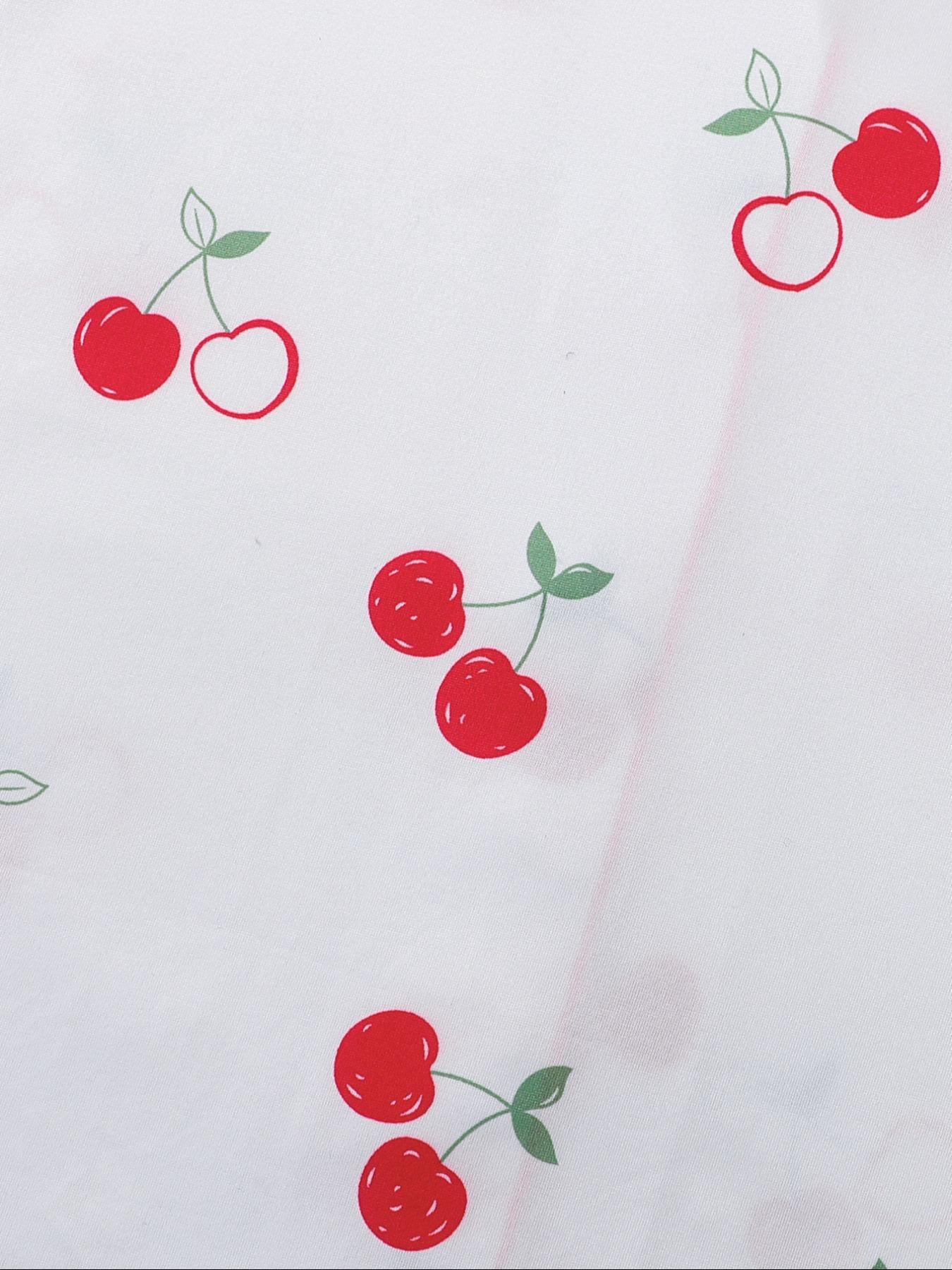 Women's Cherry Print Shirt & Elastic Waist Shorts Pajama Two-piece Set, Casual Comfy Short Sleeve Top & Shorts Pj Set, Ladies Sleepwear for All Seasons, Womenswear, Pyjamas