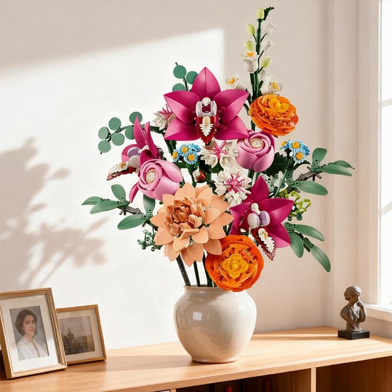 749PCS Creative Pretty Pink Flower Bouquet Building Blocks Set MOC Assemble Bricks Flower Toy & DIY Assemble Toys & Decor Assembly Bricks Kit Ideal Gift For Girl Valentine's Day Gifts Building Block Sets