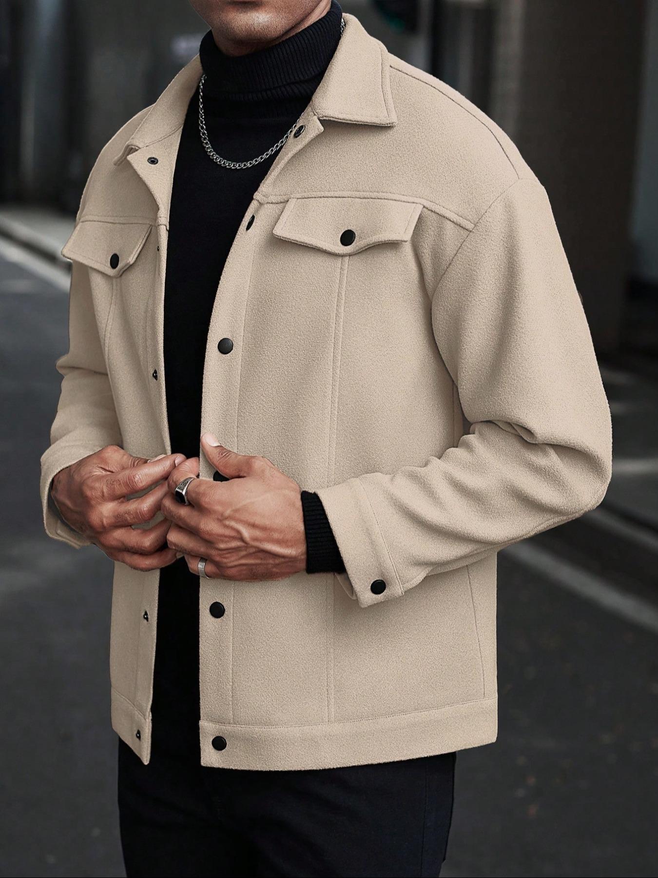 Men's Woven Jacket Coat Autumn Winter Casual Fitted Long Sleeve Button Front Shirt Pocket Design for Daily Wear & Outdoor Activities