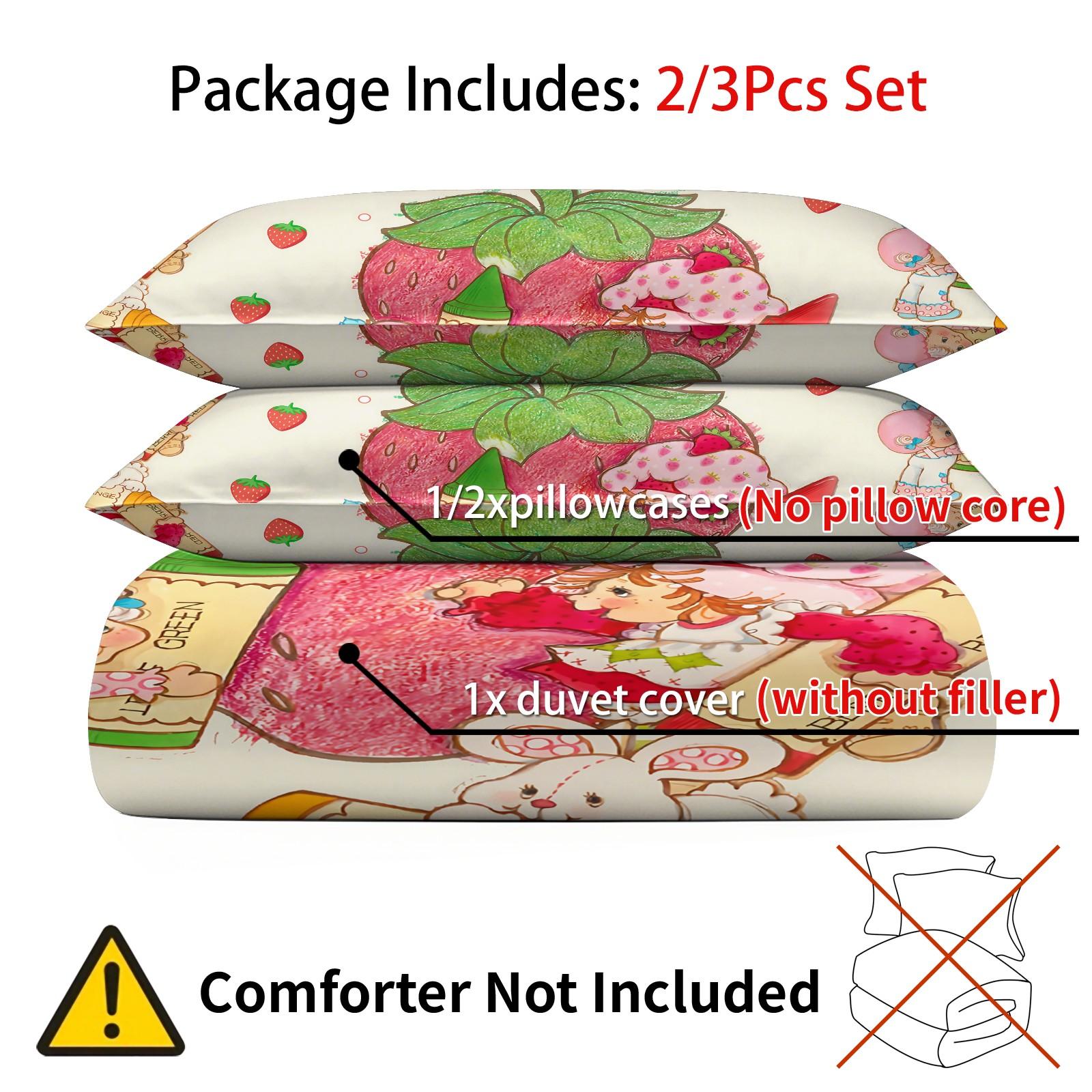 Vintage Strawberry Girl Cartoon 3-Piece Duvet Cover Set, Ultra-Soft Microfiber Bedding with 2 Pillowcases, Cute Kawaii Style Bedding for Kids Girls Bedroom Dorm Decor