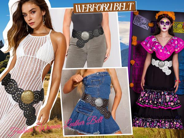 SUOSDEY chunky belt vibes Western Belts for Women Vintage Disc Waist Belts Concho Leather Belts Boho Waist Belt for Dress Jeans