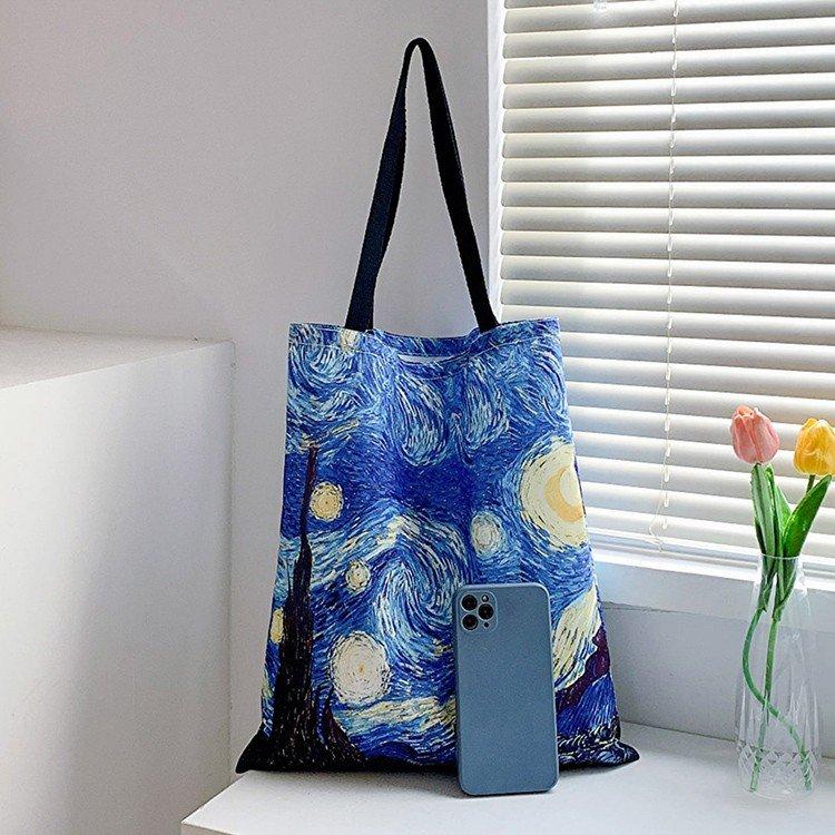 Van Gogh Starry Night Canvas Tote Bag, Vintage Retro Shoulder Bag, Large Capacity Commute School Shopping Bag, Style Van Gogh Tote