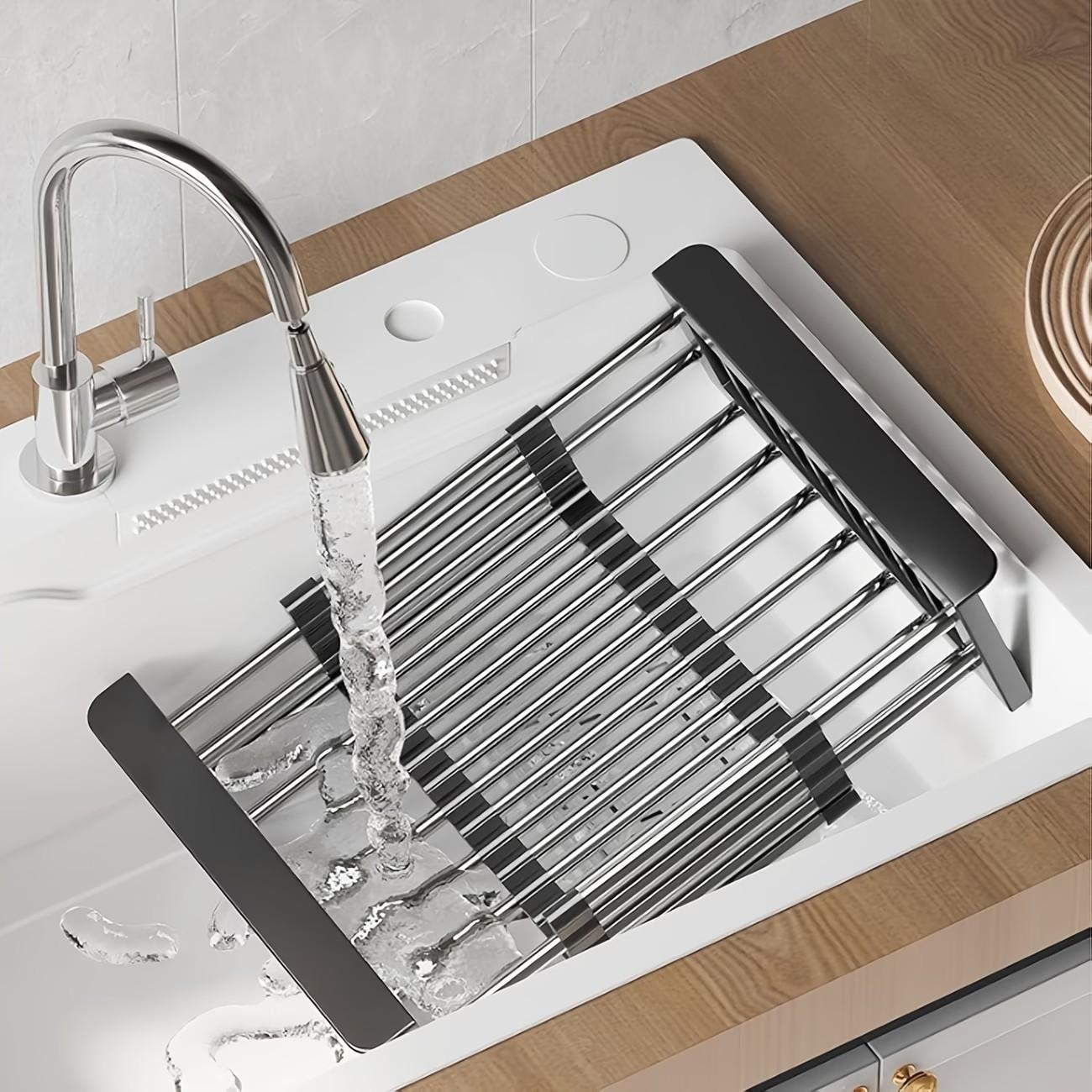 Stainless Steel Expandable Dish Drainer Rack, Space-Saving Striped Design, Ideal for Utensils and Cookware, Suitable for Sink and Countertop
