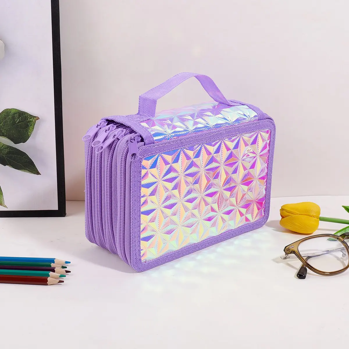 Large Capacity Pencil Case, Purple Holographic Diamond Pattern 4-Layer 72-Slot Zipper Pencil Organizer with Portable Handle, Colored Pencil and ballpoint pen Storage Case for Students, Artists, School Supplies, Classroom, Travel and Back to School
