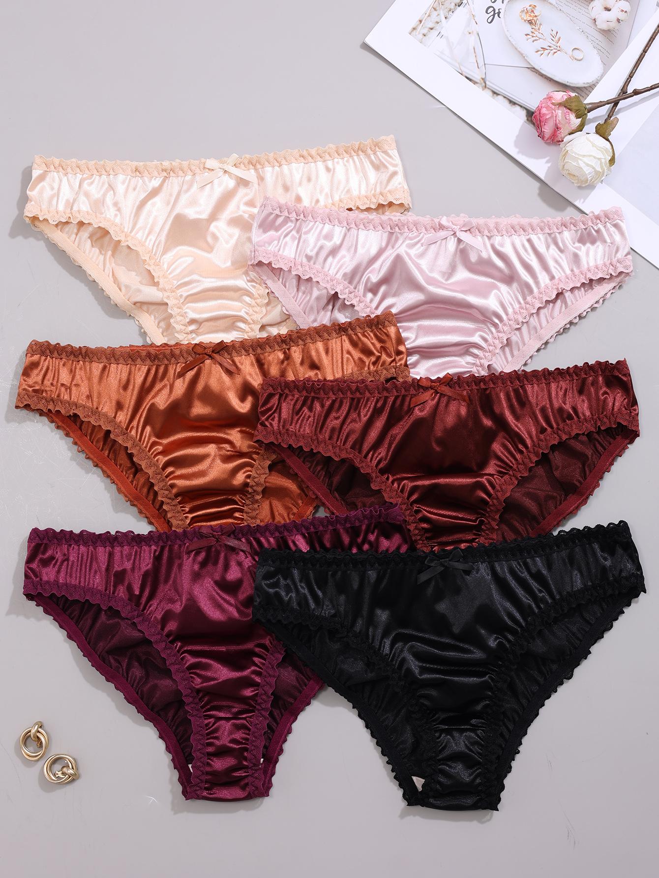 Women's Oil Cloth Bow Lace Trim Comfortable Triangle Panties, Trim Lace Panty, 6 Pack Soft Underwear for Women, Casual Daily Wear
