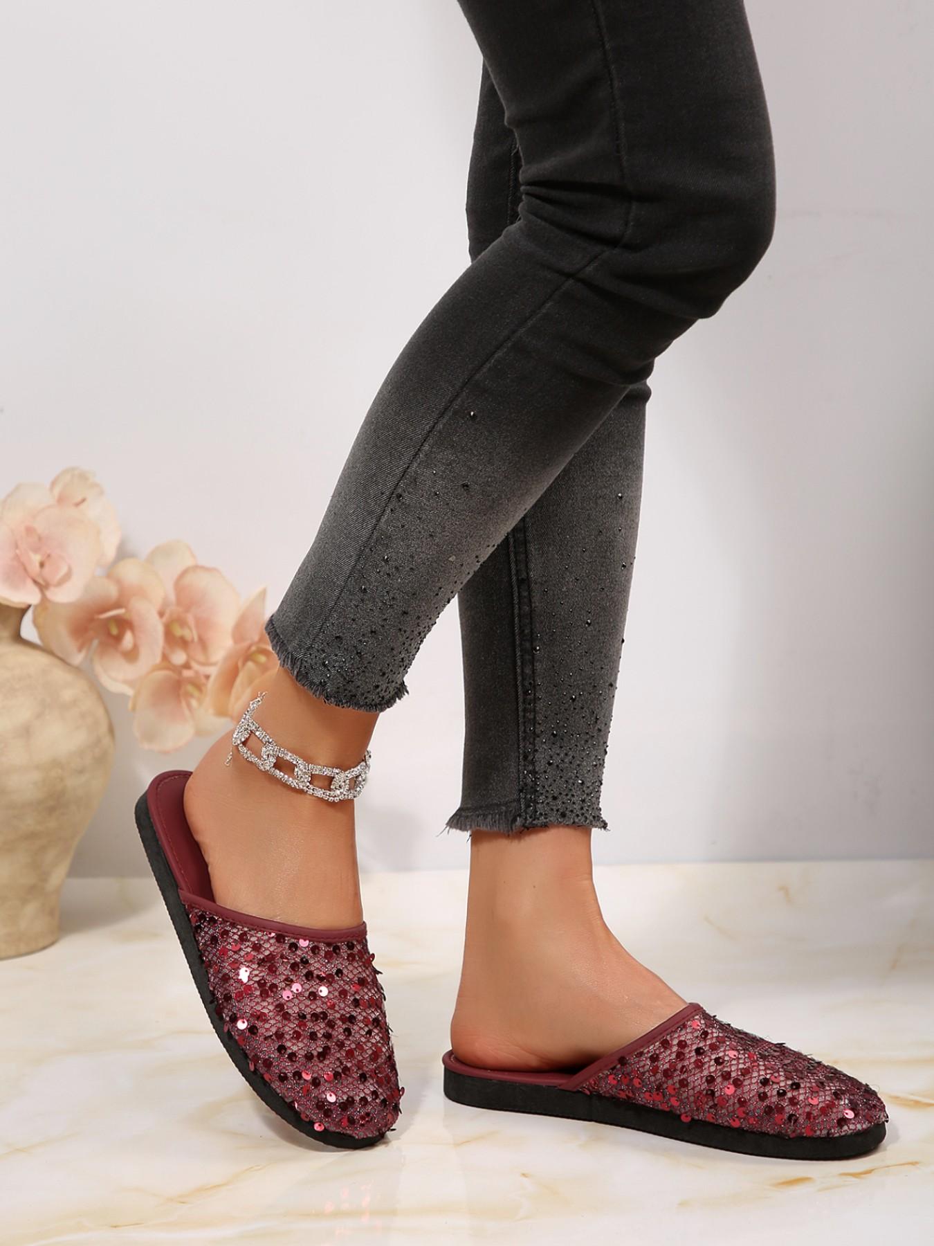 Blingbing Disco Effect Shoes, Gradient Wine Sequined Mesh Upper, Full Round Toe Design, Retro Hong Kong Style, All-Season Casual Footwear