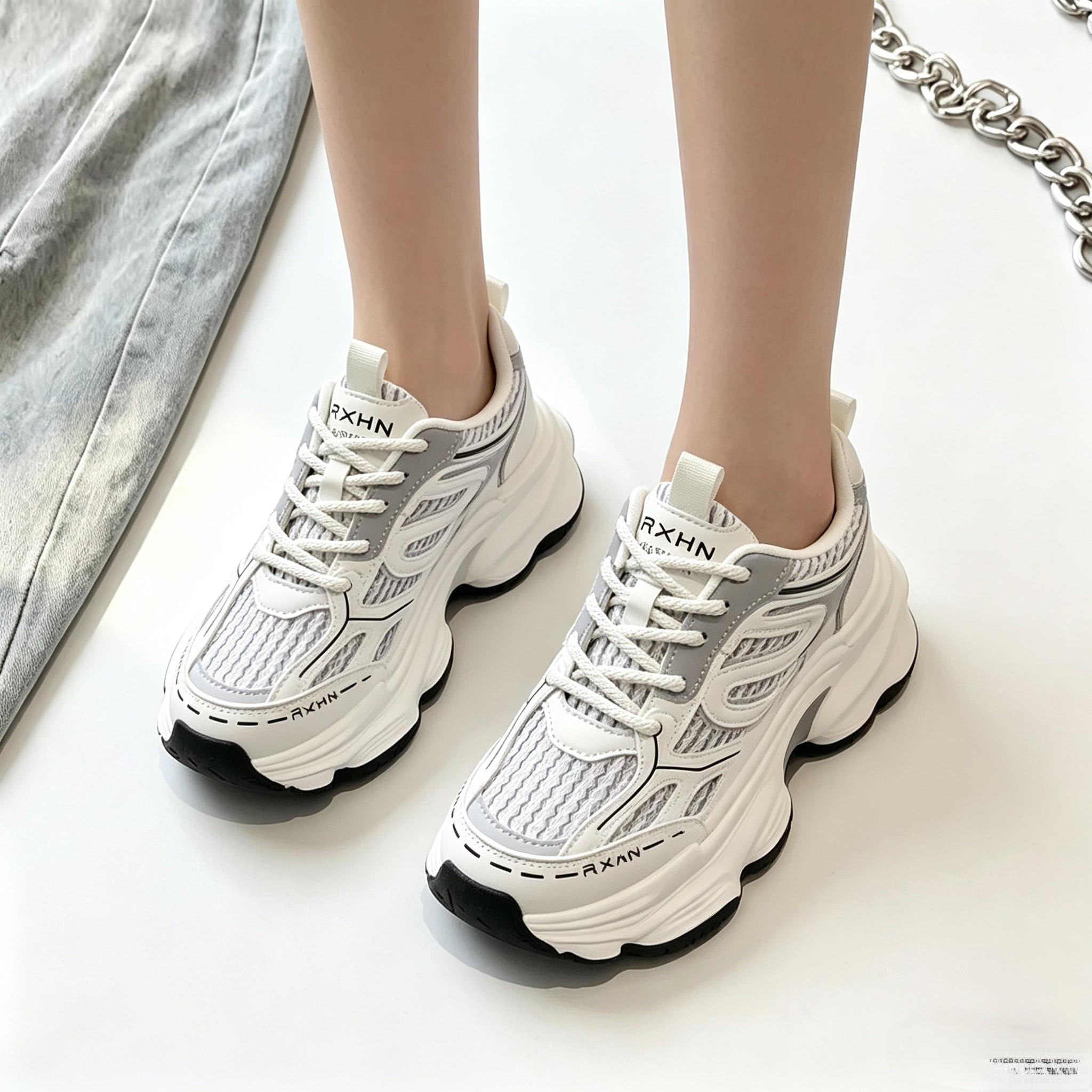 Women's Chunky Dad Sneakers, Breathable Mesh Platform Running Shoes, Non-Slip Casual Athletic Trainers, Lightweight Lace-Up Comfortable Walking Shoes for Everyday, Work, Gym & Streetwear - White Gray