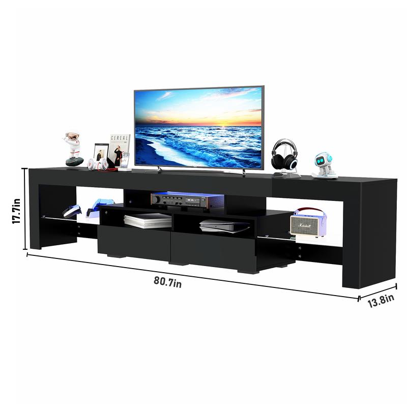 TV Stand with 16 Color LED Lights, Media Console with Drawer and Glass Open Shelf for 65/75/85/90/100 inch TV, Modern Gloss Entertainment Center for Living Room, Black/white