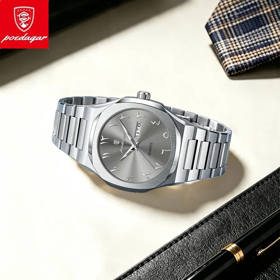 Poedagar simple and fashionable men's watch waterproof luxury weekly calendar men's watch quartz stainless steel watch
