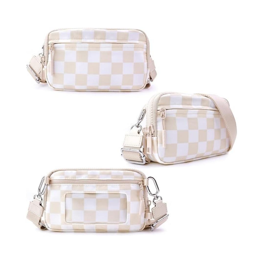 Checkered Wristlet Wallets for Women Nylon Quilted with 4 Zippers Travel Credit Card Holder Cell Phone Organizer Coin Purse Crossbody Key Bag with ID Window RFID Blocking Compact Pouch
