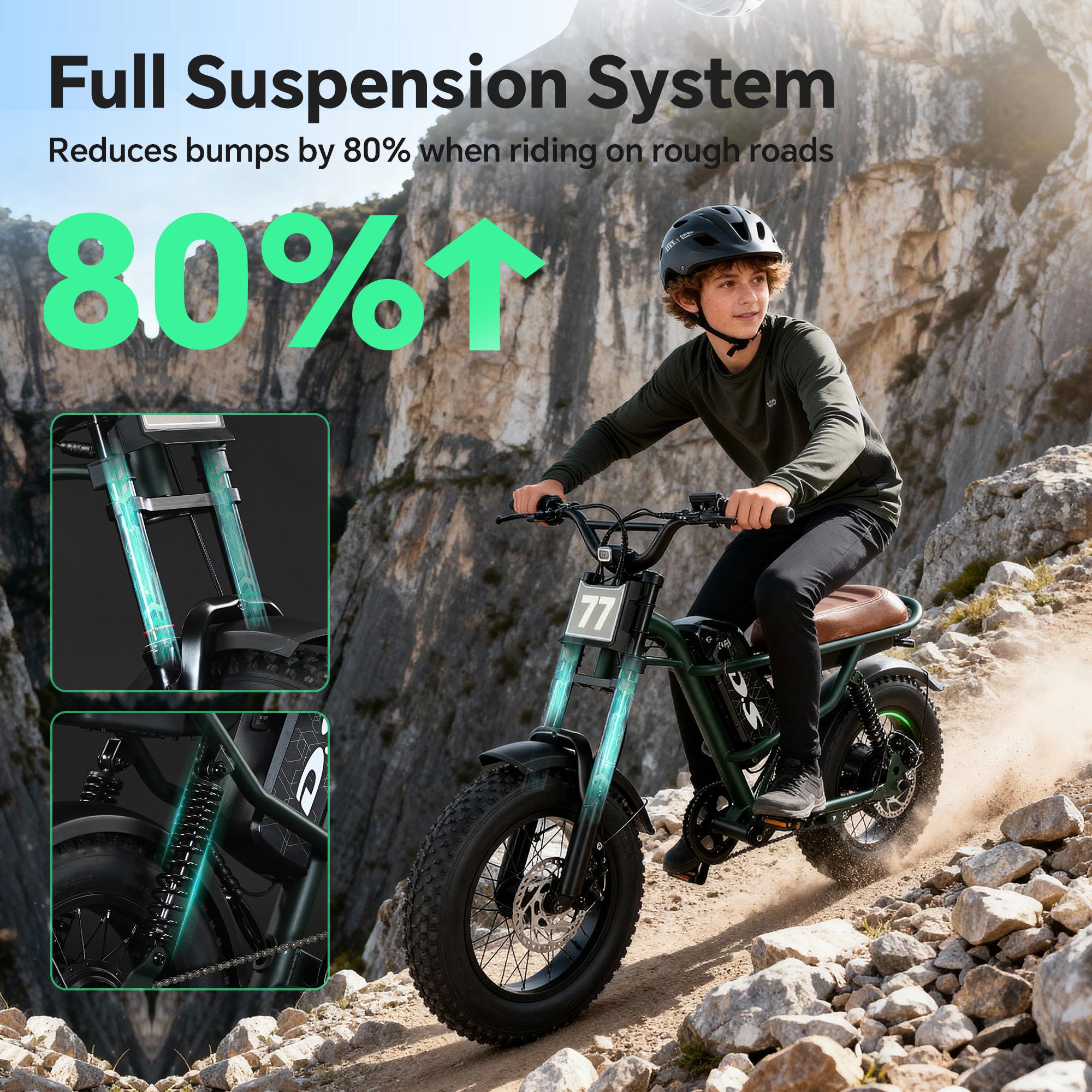 Electric Bike,Equipped withHigh Carbon Steel Frame, Full SuspensionSystem,28mph Top Speed,48V 1000W, PedalAssist Range of 30-70 Miles,16-lnch All-TerrainTires,Off-Road Motorcycle. Ebike cool and stylish