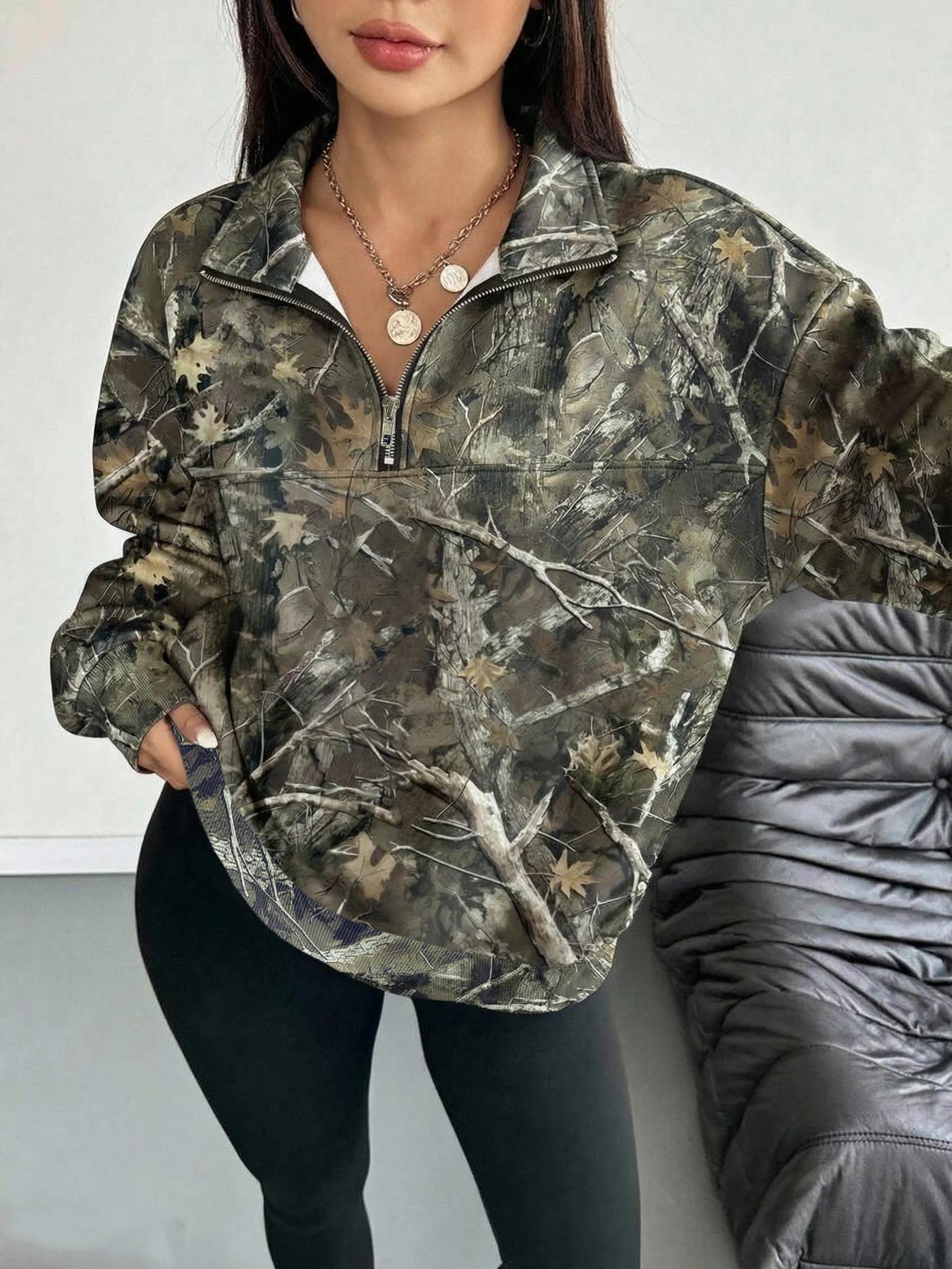 Women's Hooded Half-Zip Casual Round Neck Sport Top, Full Print Leaf Pattern, Digital Printing, Loose Fit, Fall & Winter