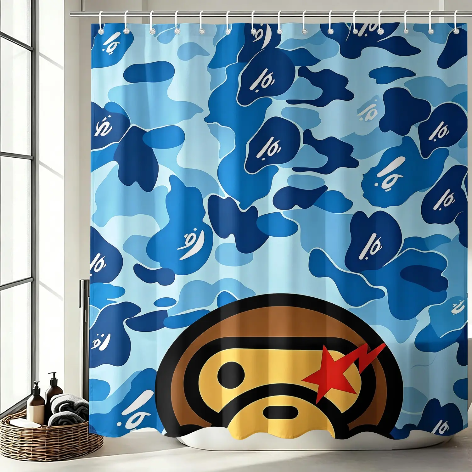 Streetwear Two-Tone Blue Camo Cartoon Monkey Fabric Shower Curtain, Fashion Ape Face Camouflage Pattern Bathing Cover, Mold Resistant Quick Dry Bathroom Decor with Rustproof Metal Grommets & 12 Hooks for Apartment Bathtub 72x72 Inch