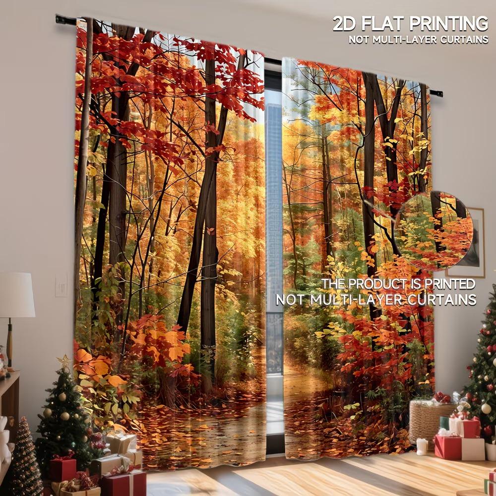 2Pcs Autumn Forest Pathway Window Curtains, Vibrant Fall Foliage Digital Print for Living Room, Bedroom, Study, Hotel, Restaurant Home Decoration, Light Filtering Privacy Protection
