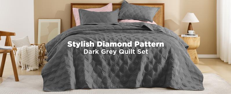 Litanika 3-Piece Bedspread Set - Lightweight Quilt Coverlet w/ Pillowcases | All Season (Dark Grey/Beige/Grayish Blue)