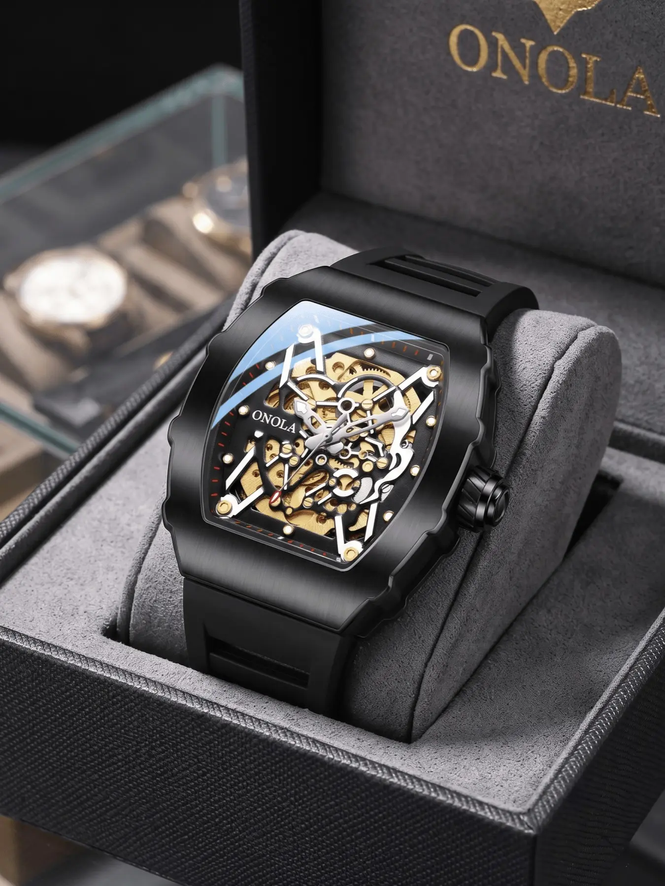 ONOLA Luxury Tonneau Skeleton Automatic Mechanical Watch for Men, Hollow Gold Movement, Silver Metal Case Fashion Sport Wristwatch, No Battery Self-Winding, Stylish Watch