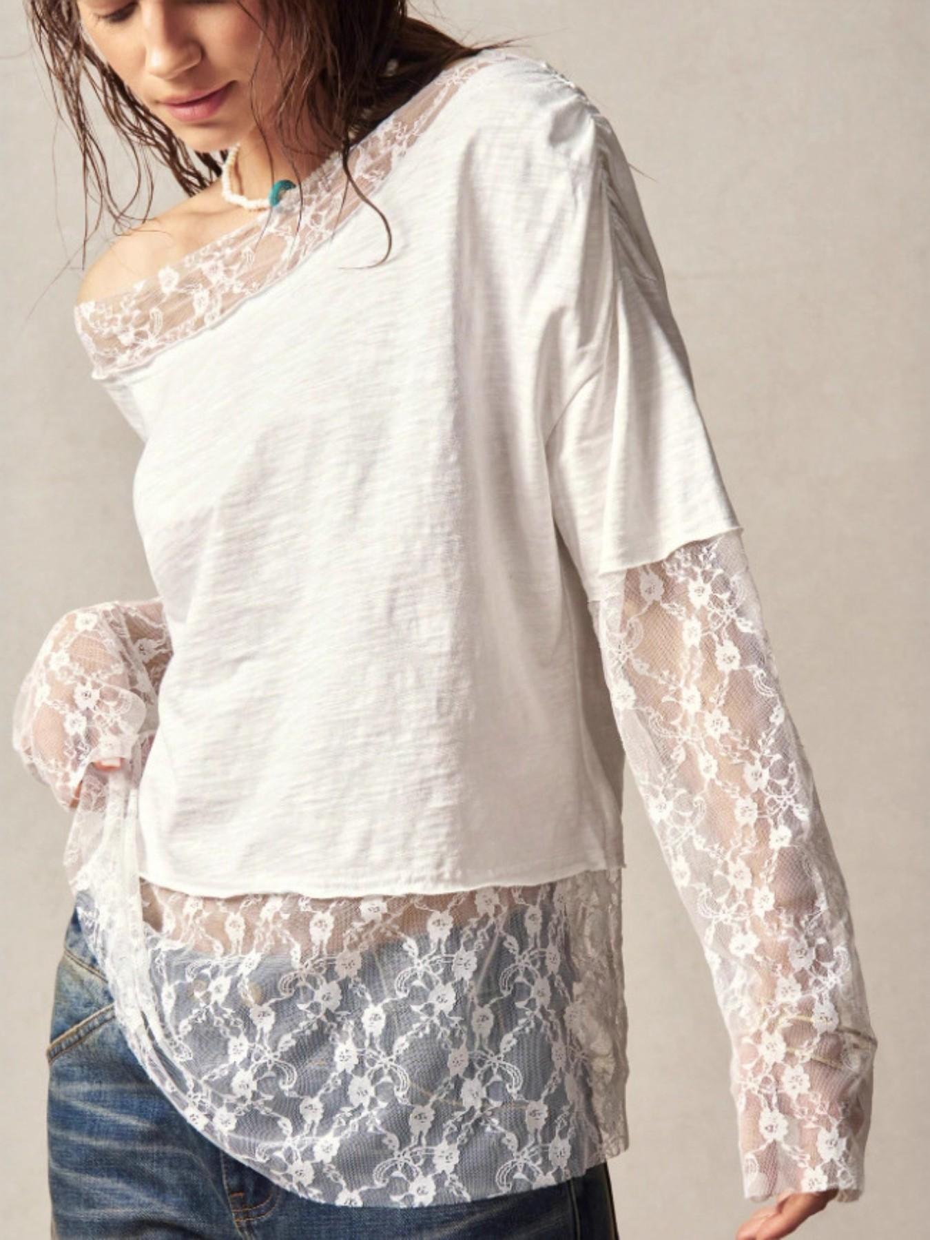Women's Spring Summer 2026 Long Sleeve Off-Shoulder T-Shirt Womenswear, Asymmetrical Shoulder Design, Lace Trim, Casual Fashion Top