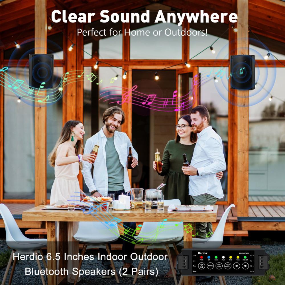 Herdio 4-inch wired speaker with Bluetooth 4-channel amplifier for indoor-outdoor patios, decks, garages (4 speakers)