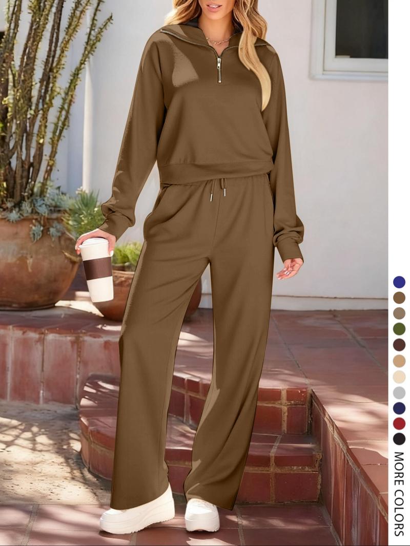 Pure Color Half-Zip Shoulder Pad Sporty Top Long Pants Set, Sweatsuit Set, Casual Loose-Fitting Fall, Regular Length Plain Design