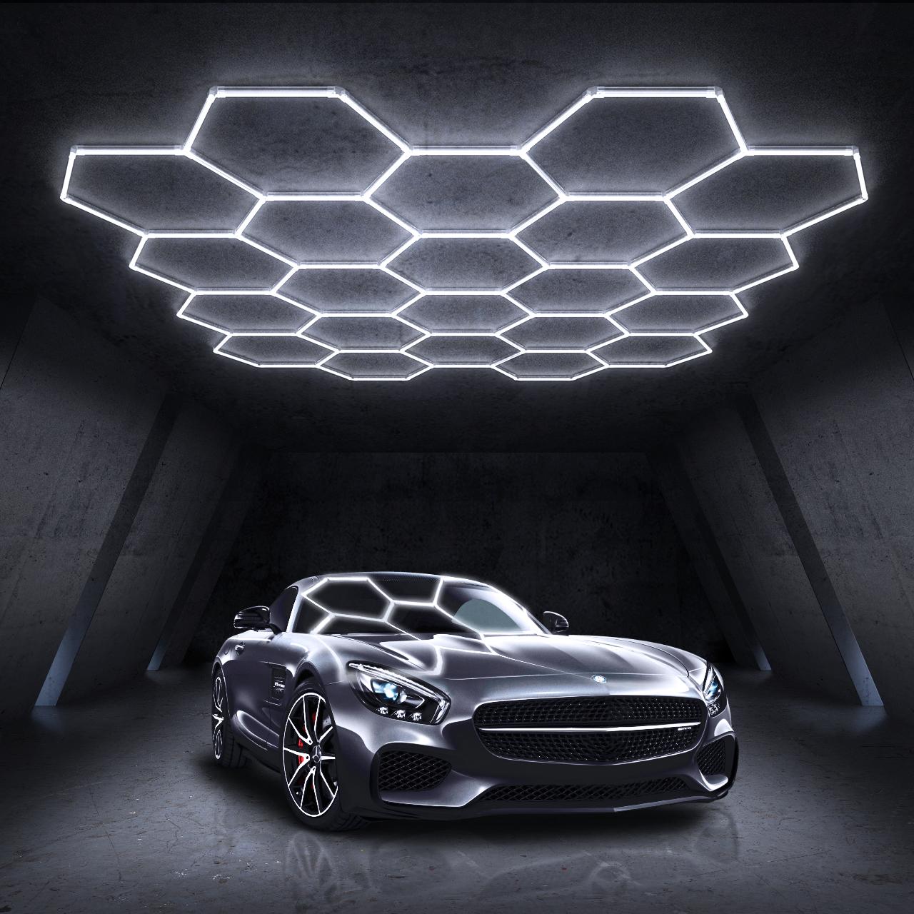 HYPERLITE offers Hexagon Garage Lights, a hexagon led lights Ceiling system designed for Grid Systems. These lights emit a Cool White light, ideal for Car Detailing Garages, Basements, Barbershops，Adjustable Lighting Options，SpringGlowUp