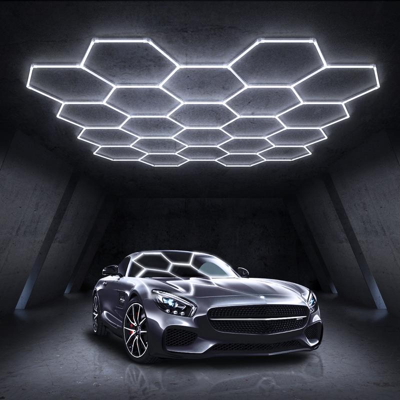 HYPERLITE offers Hexagon Garage Lights, a hexagon led lights Ceiling system designed for Grid Systems. These lights emit a Cool White light, ideal for Car Detailing Garages, Basements, Barbershops，Adjustable Lighting Options，Jumpstart newyear