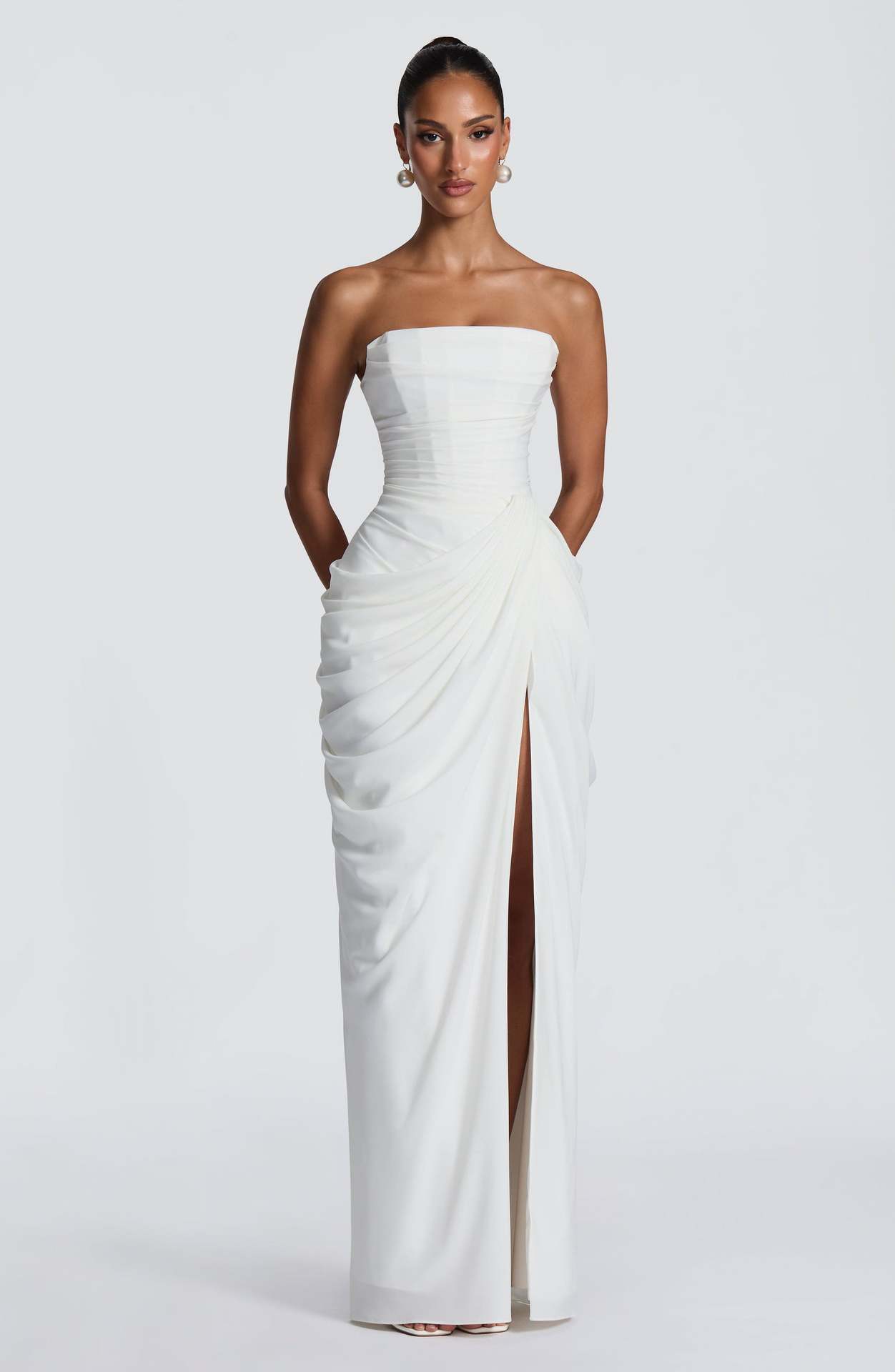 2026 European and American New Style Asymmetrical Pleated Sexy High-Slit French Romantic Strapless Pleated Slit Dress