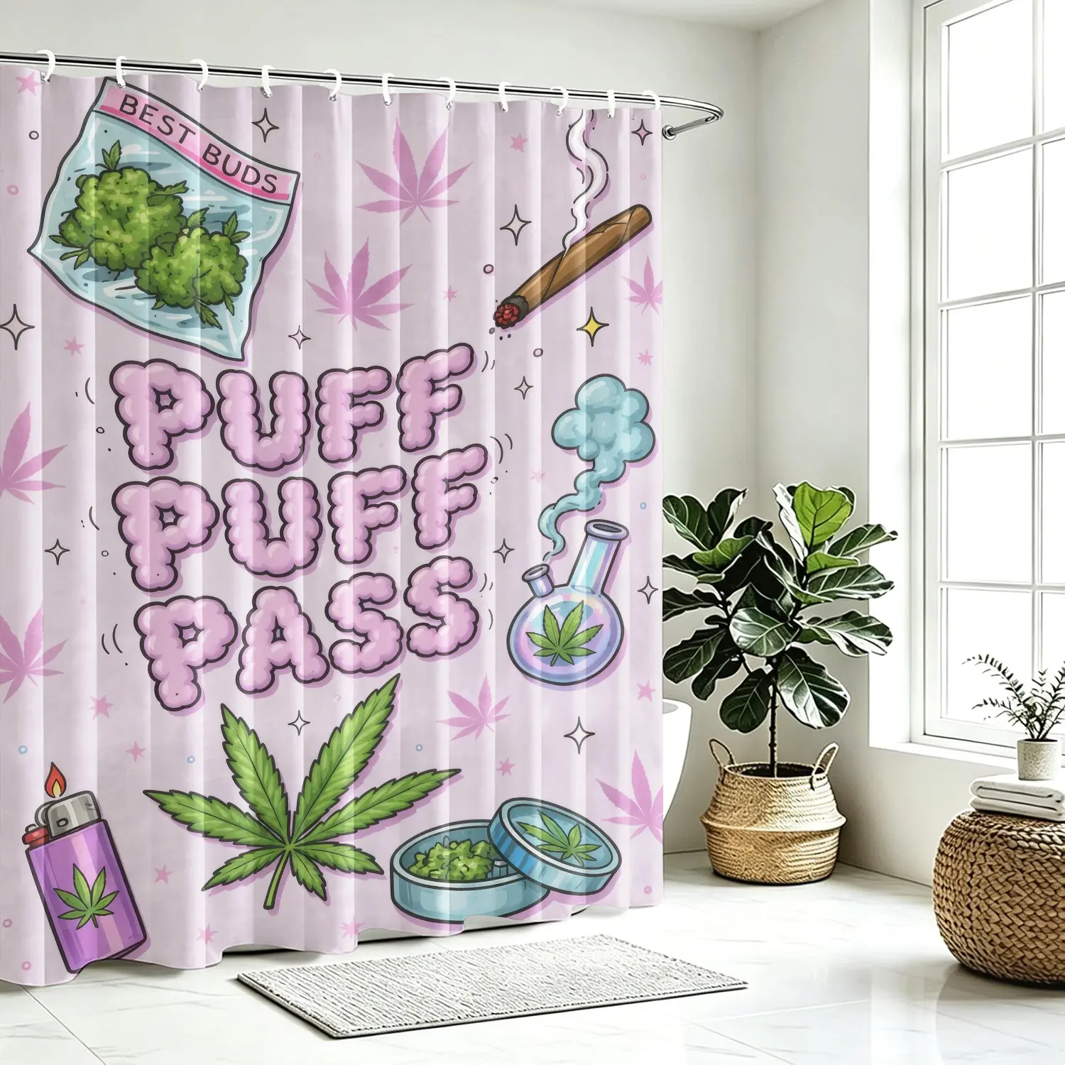 Waterproof Mildew Resistant Polyester Shower Curtain, Light Pink Cartoon Graffiti Tropical Plant Leaves Art Pattern Washable Reusable Bath Curtain, Household Dorm Decorative Shower Screen Partition Curtain