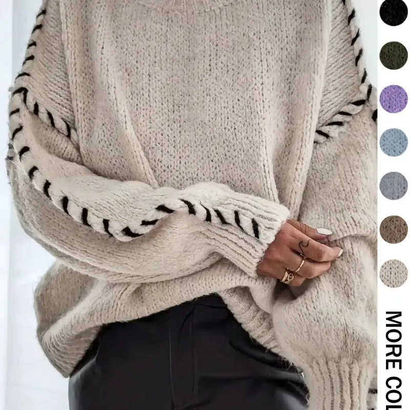 【Black Friday】Women's Contrast Binding Drop Shoulder Knit Sweater, Casual Long Sleeve Round Neck Jumper for Fall & Winter, Fashion Ladies' Knitwear for Daily Wear, Womenswear, Basic Loose-fitting Stretchy Top