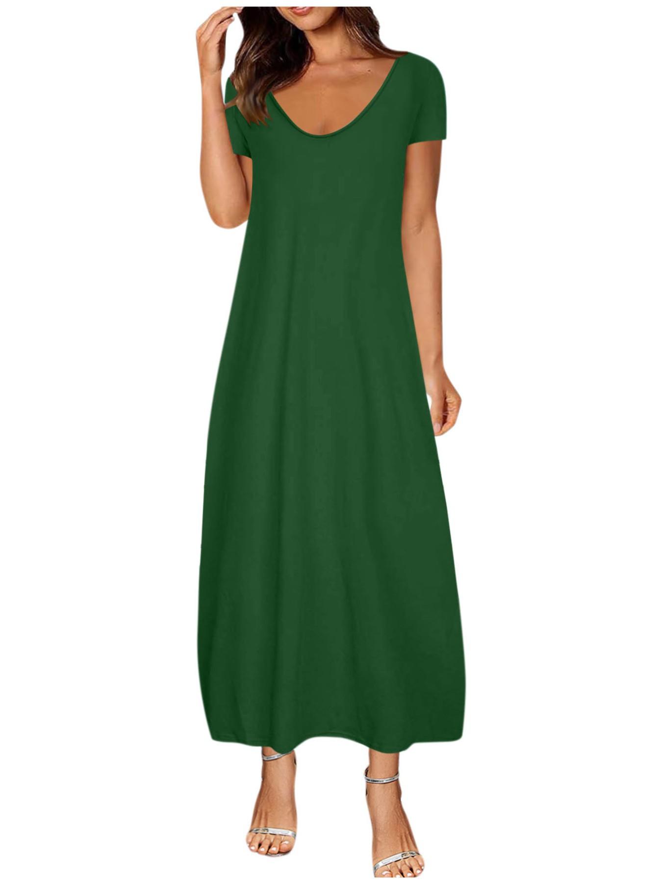Women's Long Dress 2026, Coffee Color Everyday Casual Round Neck Short Sleeve Pockets Sleepwear, Soft Comfortable All-Season Dress